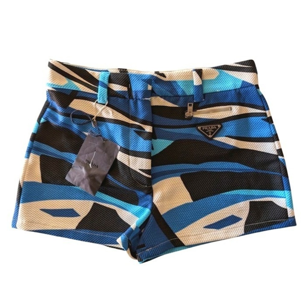 Prada Azzurro Abstract Geometric Textured Diagonal Shorts Blue IT 40 NEW